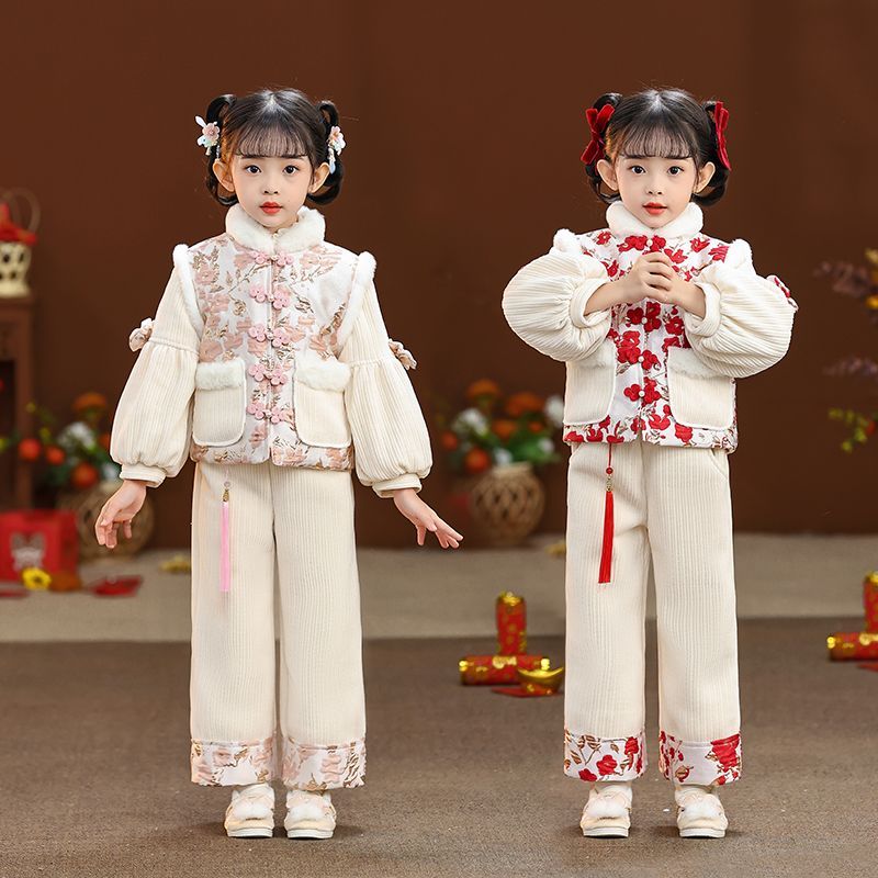 汉服女童冬季唐装新款中国风宝宝喜庆加绒拜年服冬装加厚过年套装