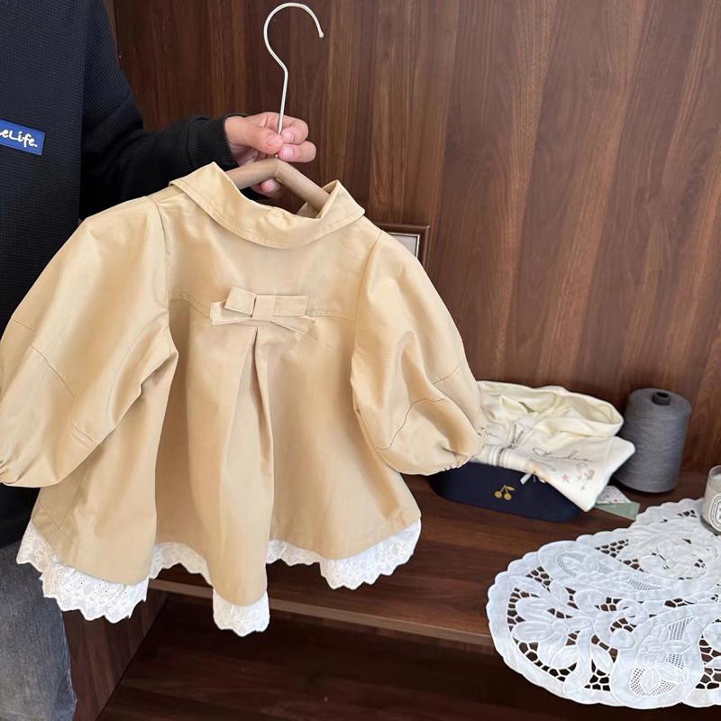 女宝宝双排扣中长款风衣女童春秋季2025新款女婴儿英伦风花边外套