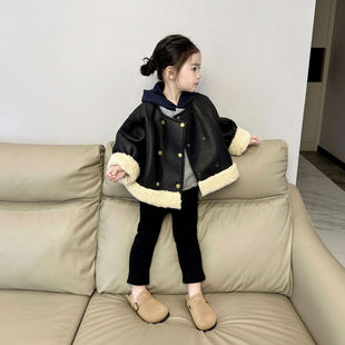 女童皮衣外套新款加绒加厚羊羔绒洋气儿童皮毛一体秋冬裤子两件套