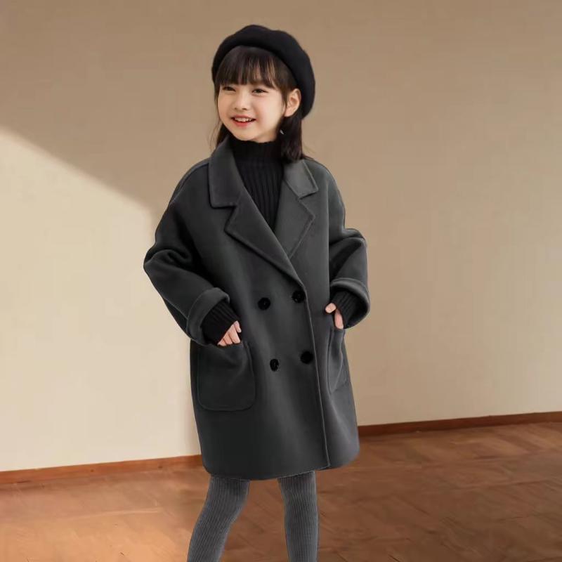 男女童双面大衣2025春秋冬新款儿童西装领中长款加厚毛呢外套