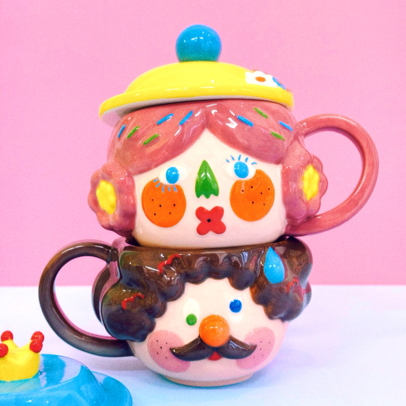 有蒂棵棵原创小国王嘟嘟女孩陶瓷杯子带盖手柄创意水杯情侣礼物