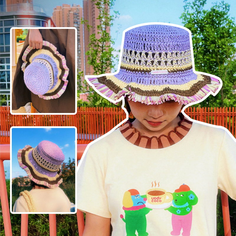 UODYCOCO有蒂棵棵原创草编渔夫帽女夏透气遮阳防晒帽子海边沙滩
