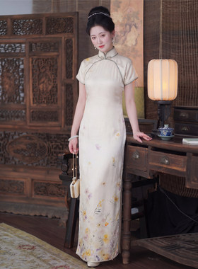 宫崎骏的夏天｜梦回故里古法平裁侧拉链曳地旗袍真丝交织连衣裙