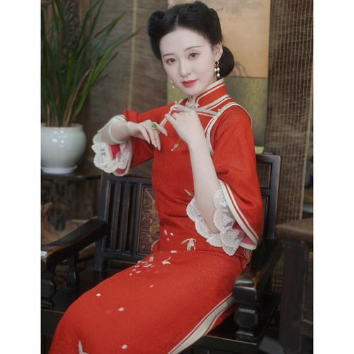 【海棠红】婚庆红色旗袍敬酒服新中式新娘服长款旗袍倒大袖全开襟