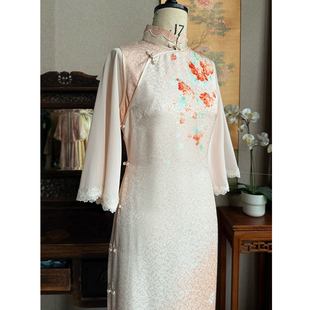 暮染|秋季新款斜襟倒大袖假两件蕾丝曳地长款日常素雅显瘦连衣裙