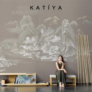 饰壁纸背景墙新中式 Katiya手绘轻奢墙布装 素描山水定制壁画卧室3d