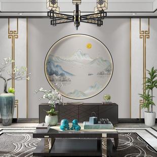 圆型山水电视背景墙壁纸水墨风景画墙布客厅轻奢风墙纸壁画 新中式