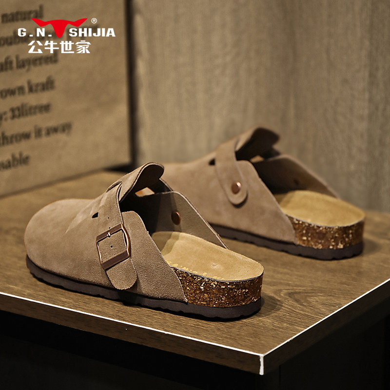 公牛世家真皮勃肯鞋男厚底拖鞋半拖夏新款外穿钓鱼男半拖软博肯