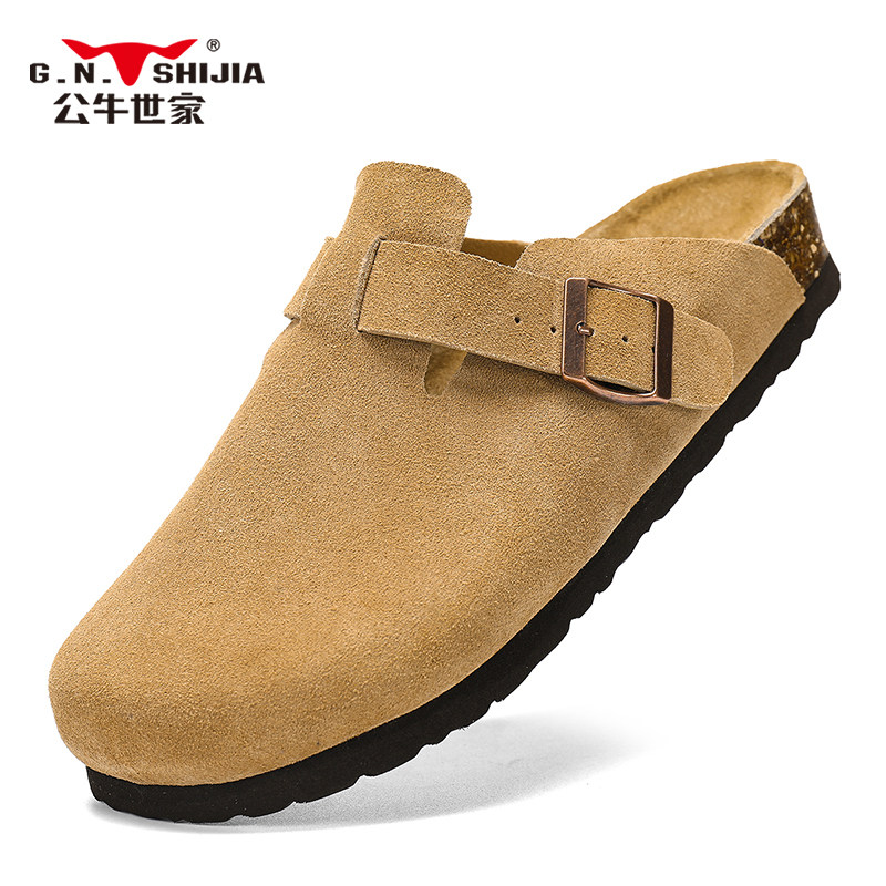 公牛世家真皮厚底勃肯鞋半包2024新款软木钓鱼半拖博肯包头情侣款