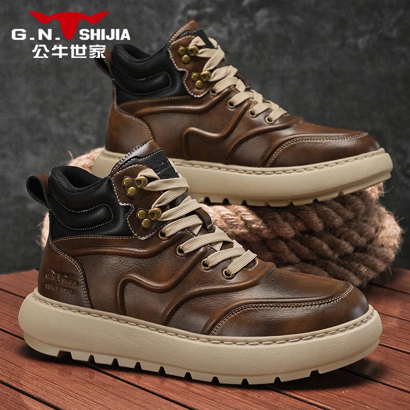 公牛世家男鞋秋冬英伦风高帮马丁靴男士圆头时尚复古厚底工装靴子