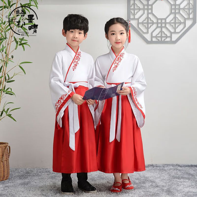 语墨初晴汉服国学服秋冬新款古装襦裙小学生汉服三字经演出服红色