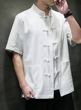 潮至（CHAOZHI）夏季大码中国风盘扣短袖衬衫男士冰丝唐装古装棉