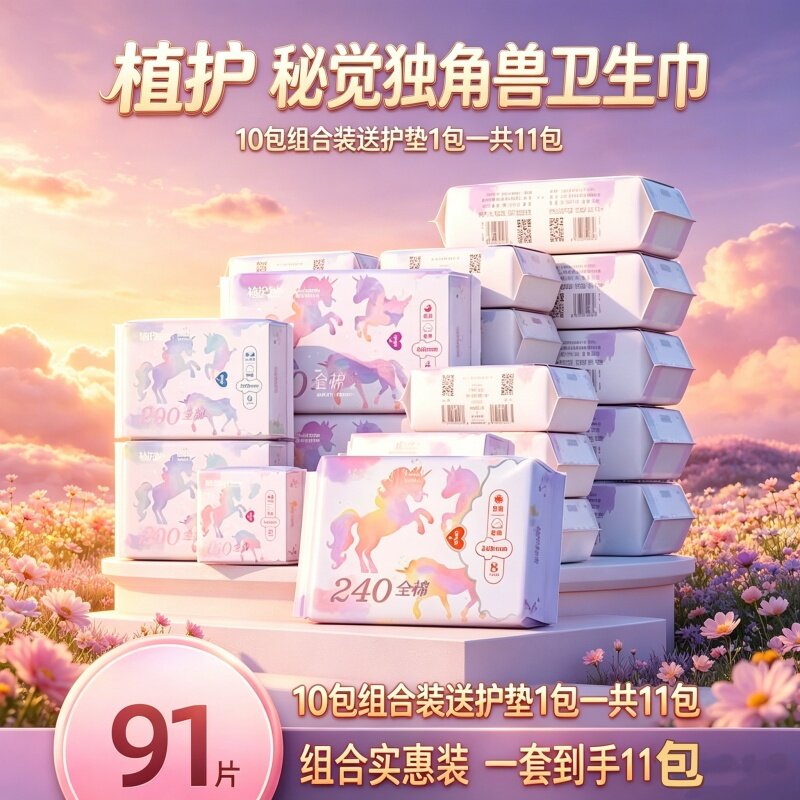 植护独角兽卫生巾柔超薄日夜用透气姨妈巾安睡护垫棉条亲肤组合装