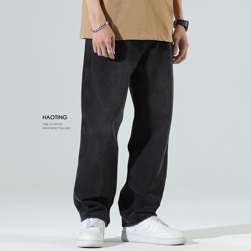 豪霆.春秋季黑色宽松牛仔裤男士直筒阔腿休闲裤美式水洗老爹裤潮