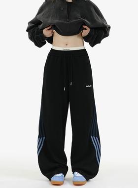 BLRY 卫裤男秋冬季加绒加厚条纹直筒裤美式高街潮牌百搭休闲长裤