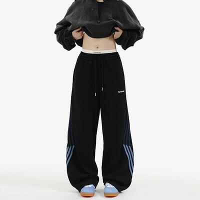 BLRY 卫裤男秋冬季加绒加厚条纹直筒裤美式高街潮牌百搭休闲长裤