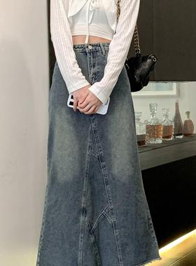 ZAVK2024春夏新品复古辣妹设计荷叶包臀鱼尾裙显瘦高腰牛仔半身裙