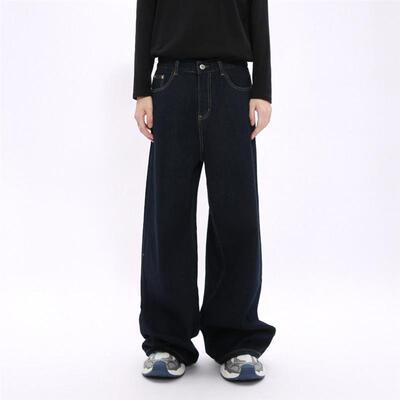 Voguo Relay 韩版简约深蓝原色牛仔裤中腰宽松长款拖地直筒裤男女