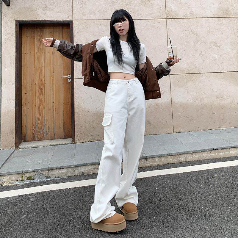 VWU白色工装休闲裤女2024秋冬宽松中性百搭高腰直筒显瘦阔腿长裤