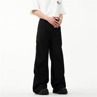 FLYOFF高级感小众褶皱黑色西裤 子 男微喇叭阔腿情侣拖地cleanfit裤