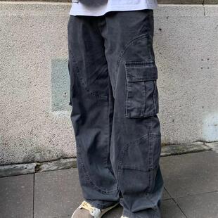潮牌裤 22TREE美式 男女高街休闲腰带宽松黑色直筒裤 裤 子 复古工装