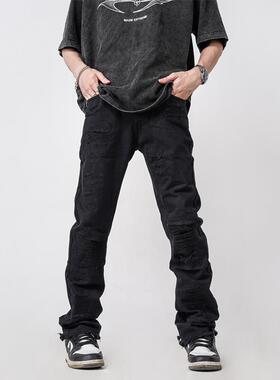 Z POCKET美式复古微喇黑色牛仔裤破洞男潮牌高街修身小脚长裤男女