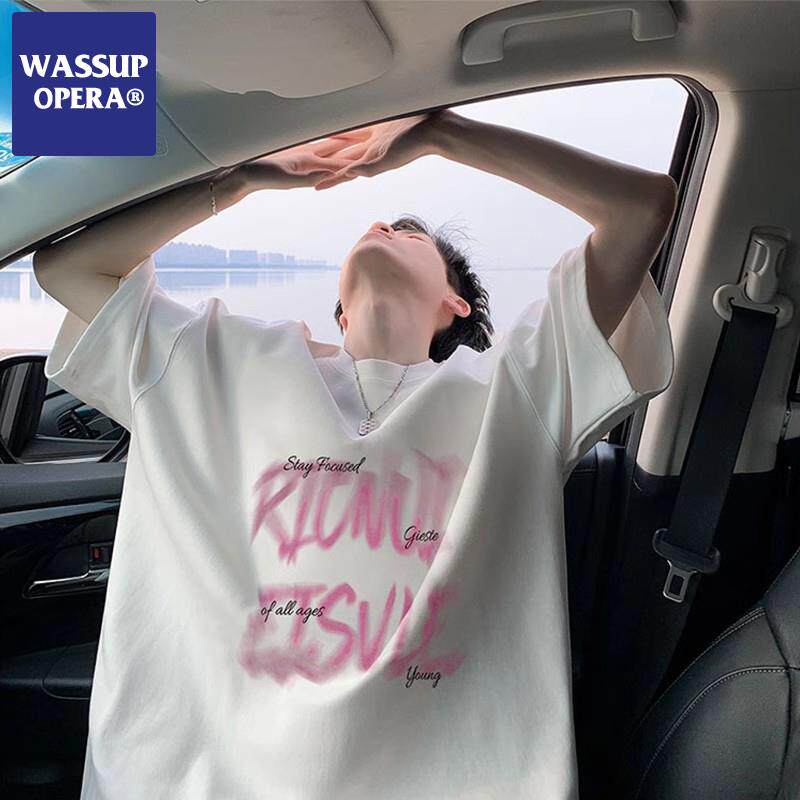 WASSUP OPERA白色纯棉短袖T恤男夏季薄款字母印花百搭半袖上衣服