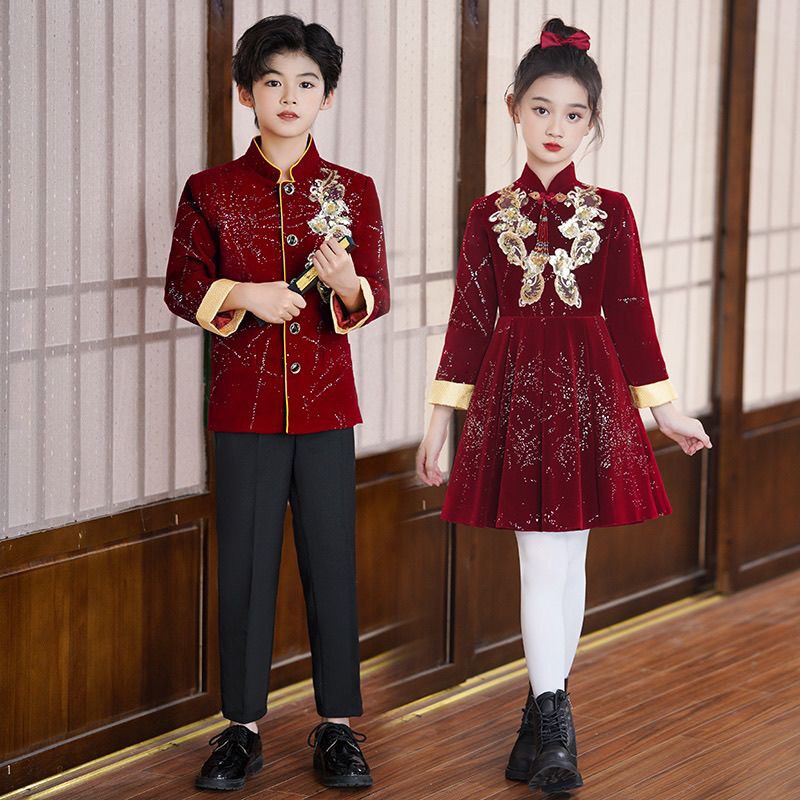 儿童大合唱演出服女童礼服男童中山装红歌比赛朗诵中小学生运动会