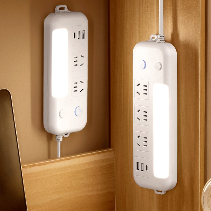 桌面插座办公宿舍多功能USB家用插头转换小夜灯带线插排插线板