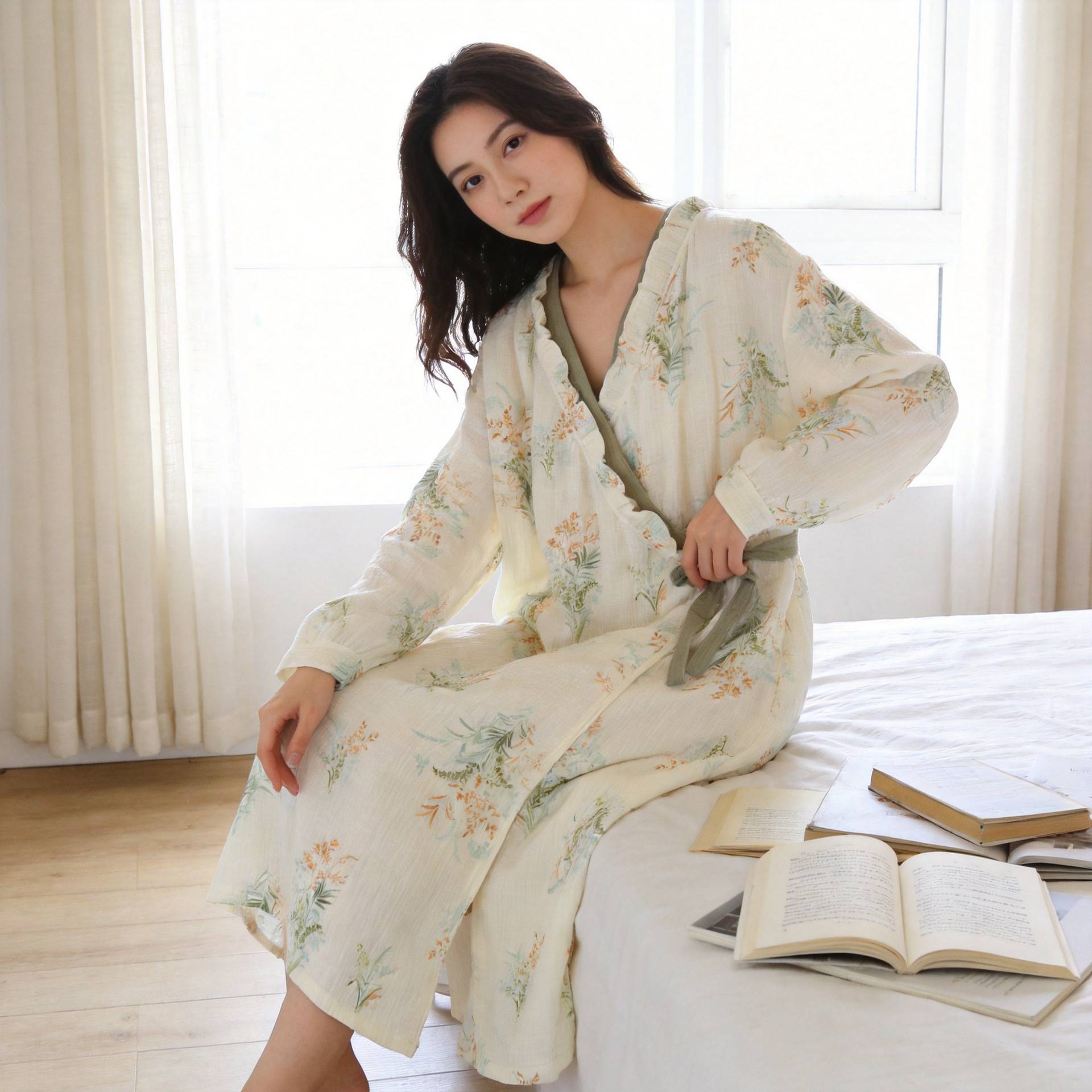 夏季纯棉薄款长袖长款双层棉纱女