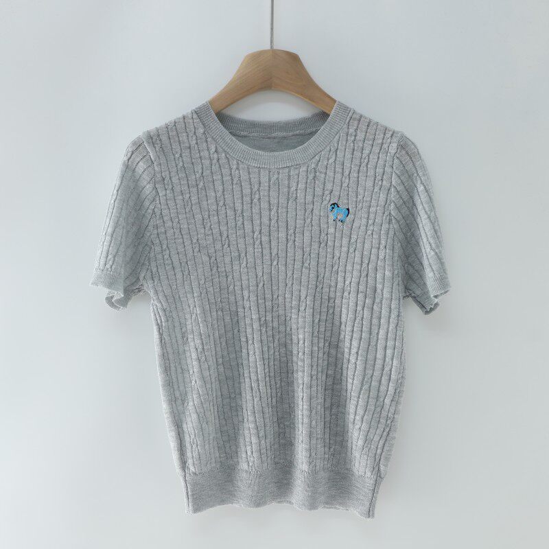 亚麻短袖针织衫女夏季麻花纹纯色修身圆领薄款百搭上衣