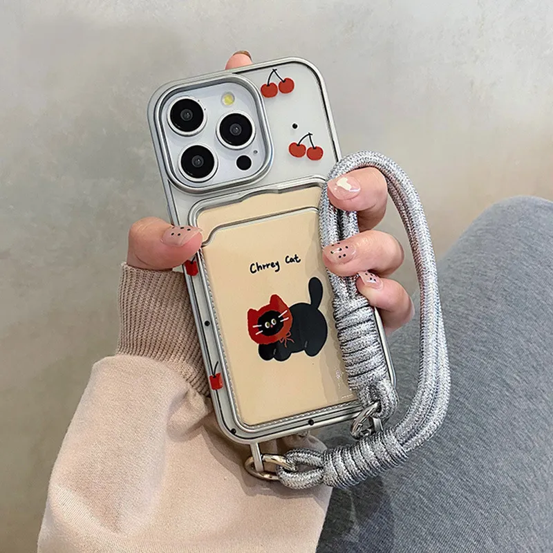 可爱小黑猫电镀挂绳插卡壳适用iPhone16/15手机壳苹果14pro保护套