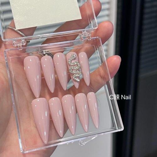 C辣Nail 欧美超尖辣妹风粉色蛇钻美甲手工穿戴甲可拆卸甲成品甲片