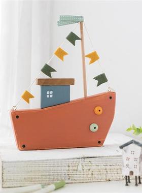 阿楹 一帆风顺小帆船木摆件 儿童房客厅书桌置物架多巴胺玄关装饰