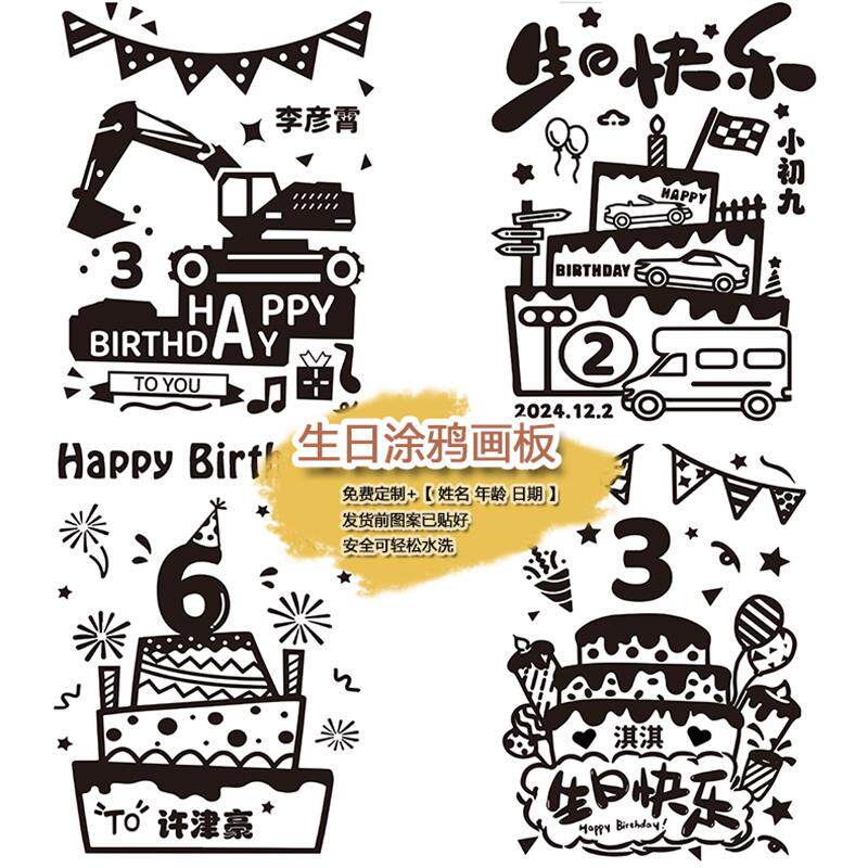 宝贝生日礼物场景布置填色涂鸦画板diy贴纸可撕庆生油画框2岁5岁