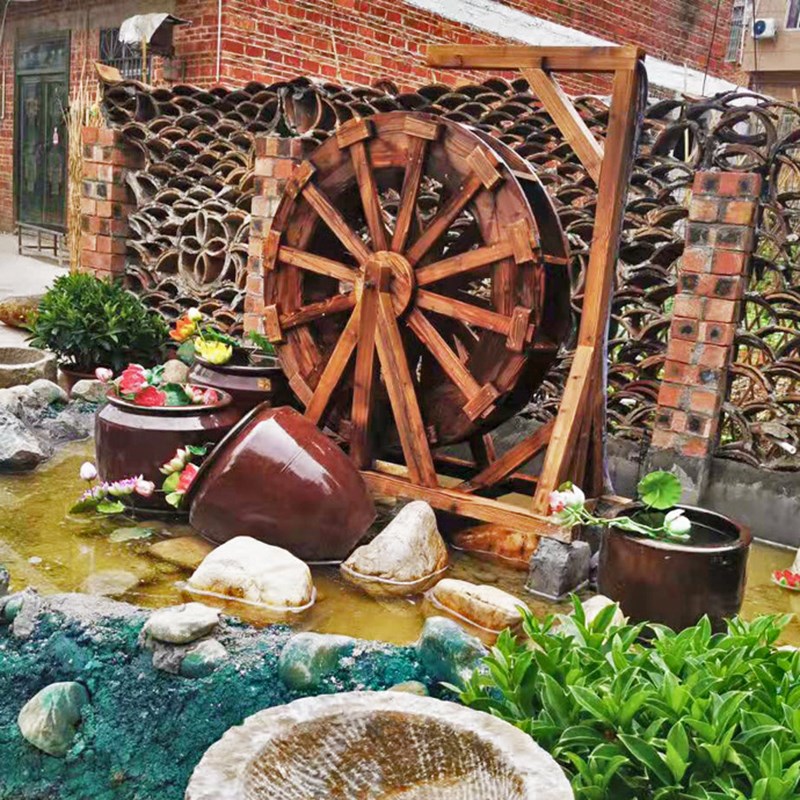 防腐木小水车流水转轮摆件景观鱼缸造景水车可循环户外旋转风水轮