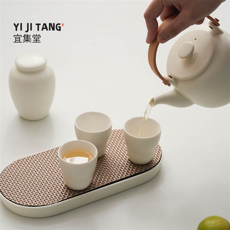 宜集堂INS奶油整套茶具套装家用陶瓷提梁壶大容量轻奢高级感茶馆