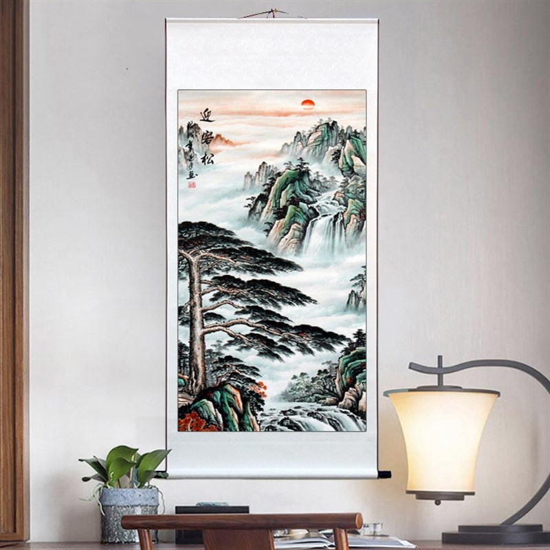 国画山水画客厅办公室玄关过道装饰画背景墙风水画竖版卷轴已装裱