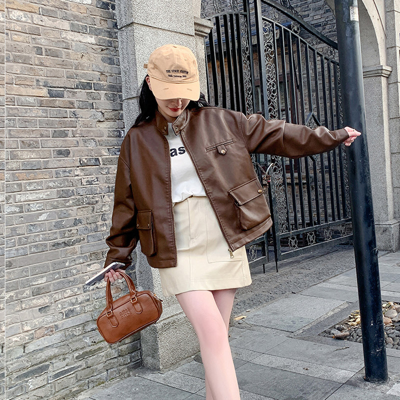 FJFB2026新款春秋复古机车立领皮衣女外套短款pu皮夹克小个子情侣