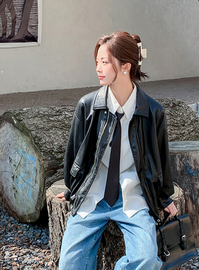 FJFB皮衣女外套2026新款春秋短款pu皮夹克复古机车小个子黑色上衣