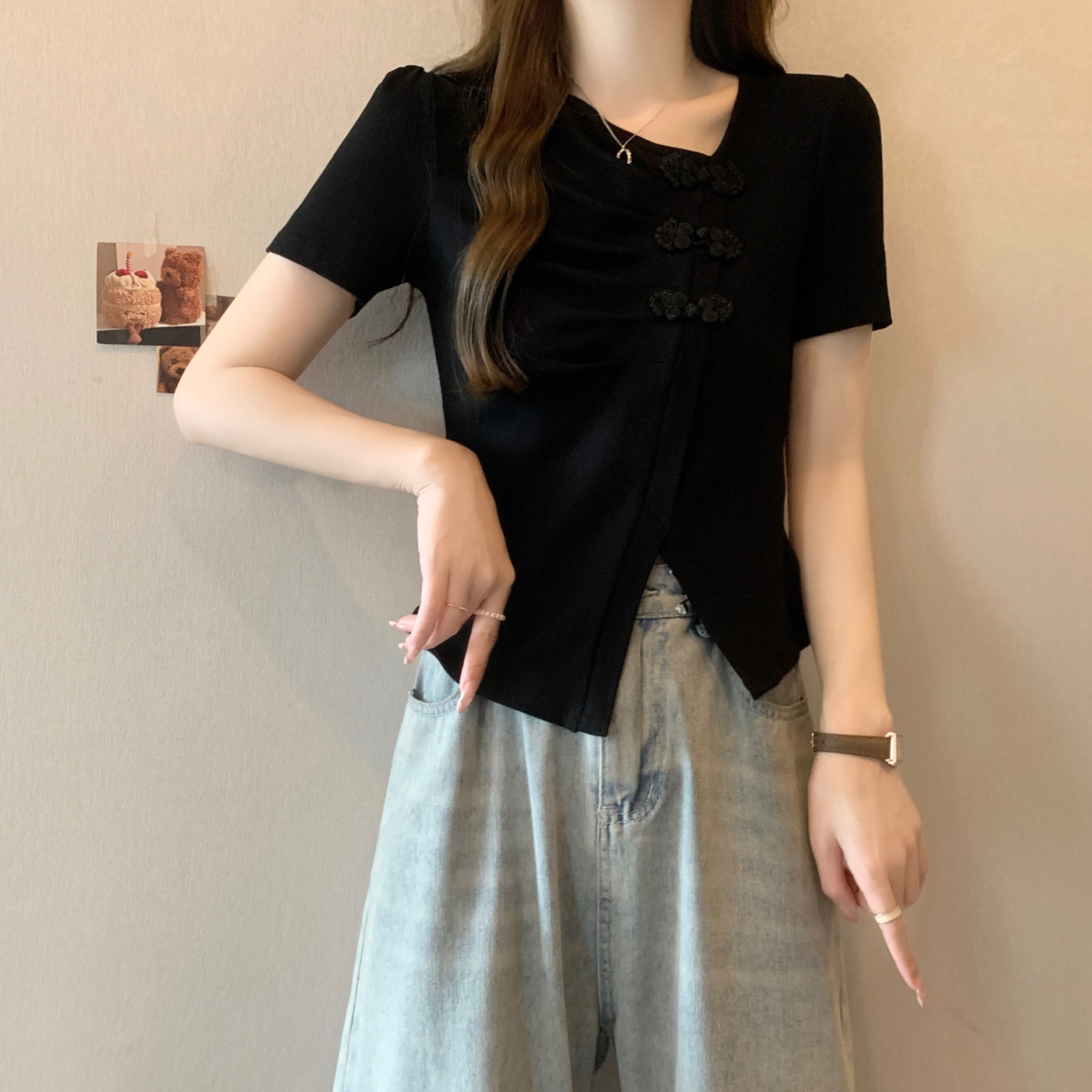 新中式高腰短袖上衣2024夏装新款不规则开叉摆短款显瘦女上衣T恤