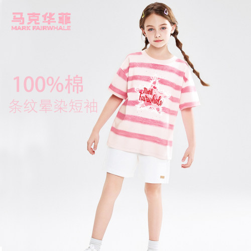 马克华菲夏季女童宝小学生条纹亮片多巴胺短袖T恤上衣棉透气jz