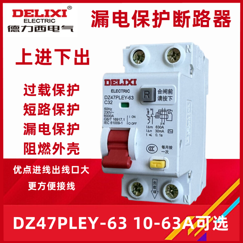 德力西漏电开关 DZ47PLEY-63 2P 10A16A20A25A32A40A 63A CDB3LE