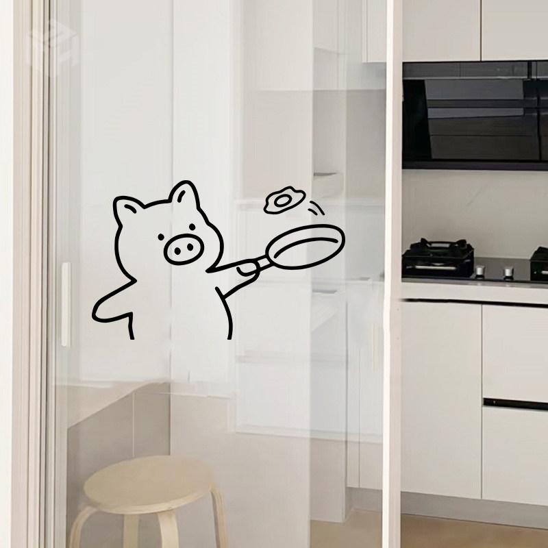 可爱卡通猪猪图案家用厨房玻璃门软装墙贴