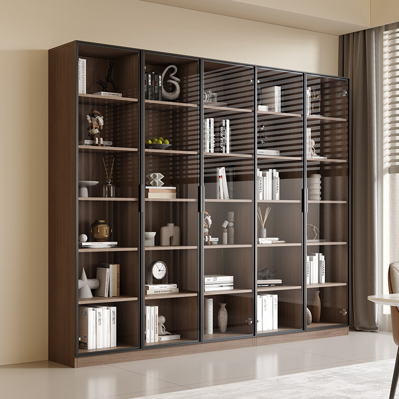 书架对开门书柜储物柜一体靠墙客厅转角展示柜整墙带玻璃门可定制
