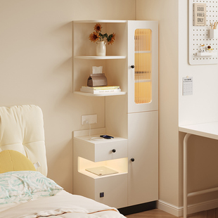 ENF级奶油风床头柜卧室储物柜床边柜简约现代白色收纳柜带指纹锁