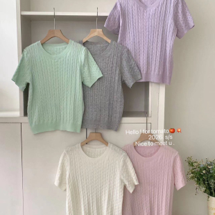 云朵家26年夏款 65909 韩系简约圆领麻花正肩冰麻针织衫