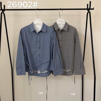 云朵设计子韩系氛围感设计感十足格子小衫衬衫(配腰绳)26902