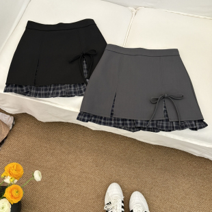 云朵设计小众26年夏上新拼接格纹系带蝴蝶结A字短裙半身裙AY655