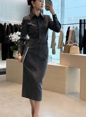 云朵设计气质OL通勤衬衫+半身裙套装(配腰带)（含70羊毛）A9632